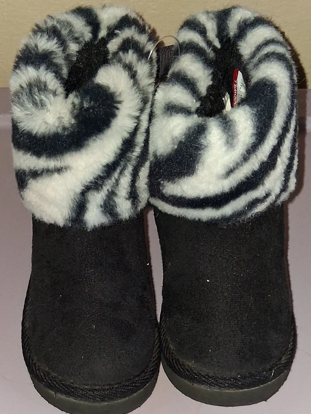 Girls Black Faux Suede Boots with Zebra Faux Fur Cuff